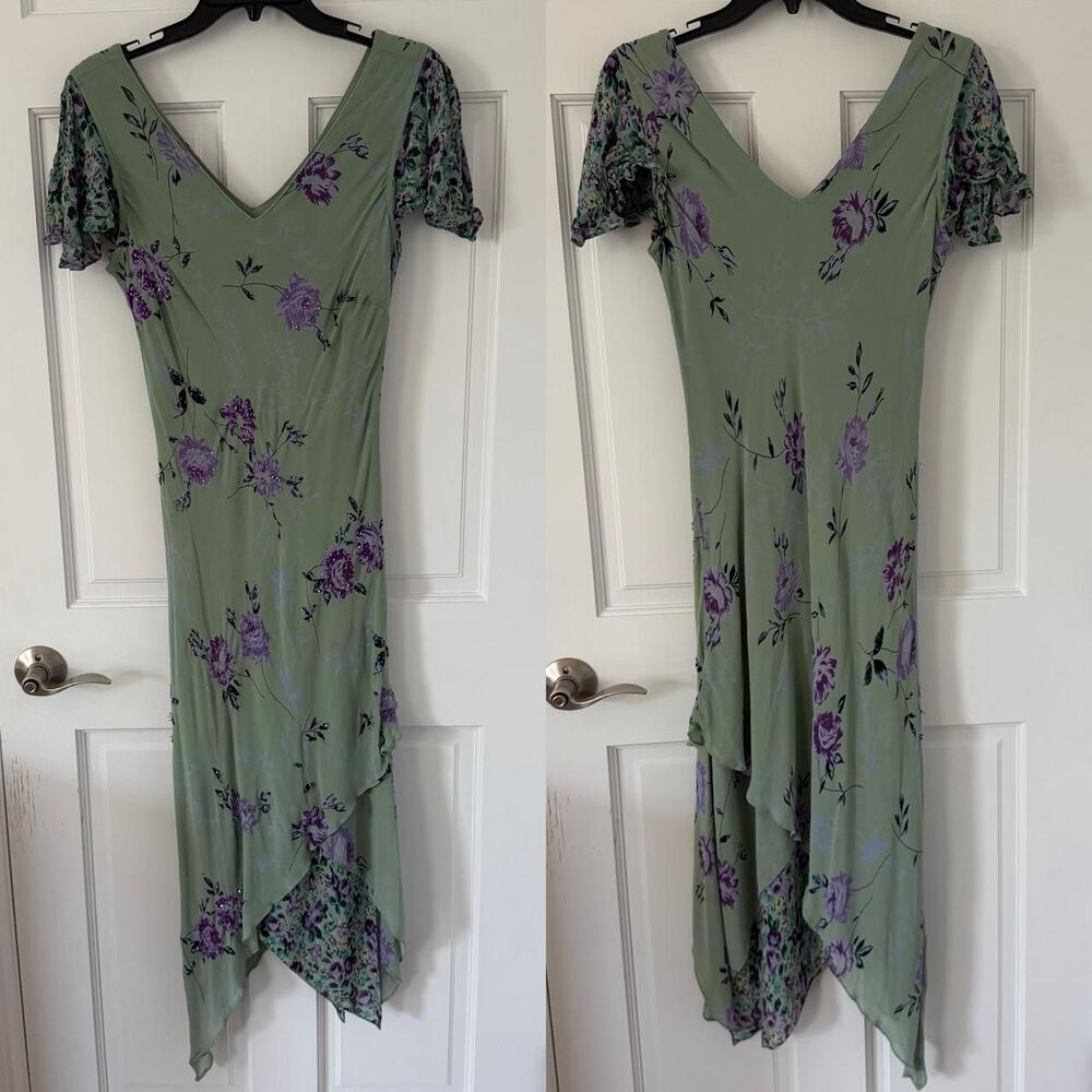 vintage 90s/y2k fairy boho Eva Blue green & purple beaded floral midi dress sz 6